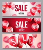 venta vector globos banner set. colecciones de globos voladores con un 50 por ciento de descuento en fondos rojos y blancos para promociones de marketing en tiendas. ilustración vectorial.