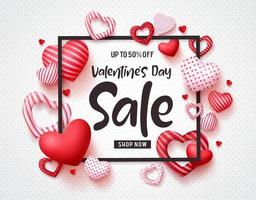 Valentines day sale vector banner template with sale promotion text, hearts elements and a frame in white pattern background. Vector illustration.