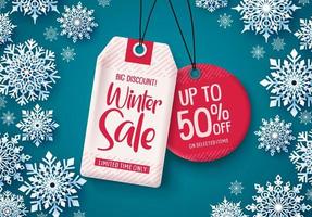 Winter sale tags vector banner.Sale tags hanging with falling snowflakes in blue background for business promotions. Vector illustration.