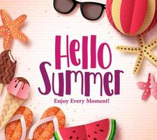 Hello summer vector background template with flat paper cut beach elements in a pattern white for summer season design. Vector illustration.