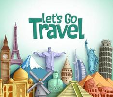 Travel and tourism vector background design with Let's go travel text and famous landmarks and tourist destinations elements in white background. Vector illustration.