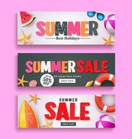 Venta de verano y diseño de banner de saludo de verano con texto colorido 3d y elementos de playa en fondo blanco y negro para la plantilla de la temporada de verano. ilustración vectorial. vector