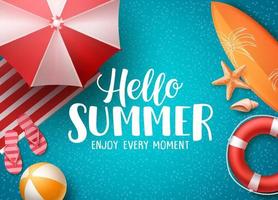 Hello summer in the beach vector background. Hello summer text with colorful beach elements like ball, lifebuoy and umbrella under palm tree in blue background. Vector illustration.