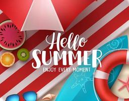 Hello summer vector banner design. Hello summer text with colorful beach elements like surfboard, lifebuoy and beach umbrella under coconut tree. Vector illustration.