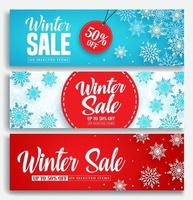 Winter sale vector banner set with discount text and snow elements in blue and red snowflakes background for marketing promotion. Vector illustration.