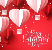 Saludos felices del día de San Valentín con globos en forma de corazón cortados en papel volando y elementos de corazones en fondo rojo. Diseño de ilustración vectorial realista 3d. vector