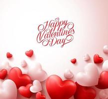 Happy Valentines Day Background with 3D Realistic Red Hearts and Typography Text in White Background. Vector Illustration