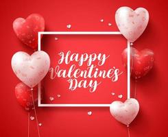 Feliz día de San Valentín texto de tipografía de diseño de banner con globos en forma de corazón rojo y elementos en una frontera para la tarjeta de felicitación del día de San Valentín. ilustración vectorial. vector