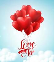 Valentines red heart balloons vector poster design with  floating love is in the air text typography in blue sky background for valentines day. Vector illustration.