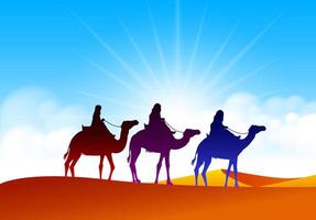 Group of Camels Caravan Riding in Realistic Wide Desert Sands in Middle East with a Beautiful Sunlight in Horizon. Editable Vector Illustration