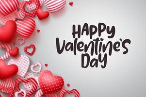Valentines vector background. Happy valentines day greeting text with red hearts elements in white wooden texture background. Vector illustration.