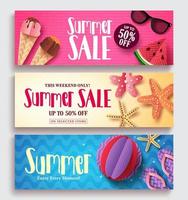 Summer sale vector banner set with colorful pattern background and paper cut beach elements. Seasonal template set for discount promotion vector illustration.