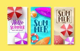 Summer design vector poster set. Hello summer greeting text in beach sand background with colorful elements like umbrella, ball and surfboard. Vector illustration.