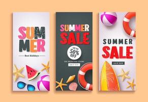 Summer sale and summer greeting vector poster design set with colorful 3D text and beach holiday elements in white and black pattern background for summer season template design. Vector illustration.