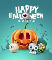 Happy halloween background design. Halloween trick or treat text with eyeball element and scary cute character in grave yard cemetery background. Vector illustration