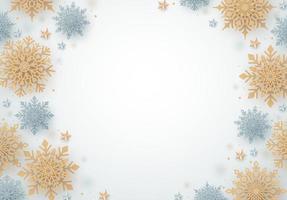 Fondo de vector de nieve de invierno. copos de nieve navideños de oro y plata y espacio vacío blanco para texto. ilustración vectorial.