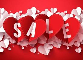 Sale text vector design for valentines day in folded red heart shape paper with hearts elements in red background. Vector illustration.