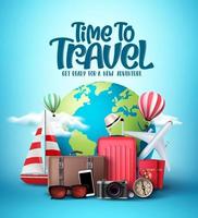 Time to travel the world vector design. Travel and explore the world in different countries and destinations with traveling elements like bags and transportation.