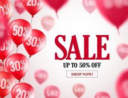 Sale balloons vector banner design. Flying red balloons in white background for store discount promotions. Vector illustration.