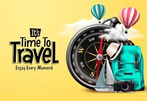 Travel time vector design. It's time to travel text in yellow empty space with traveler compass elements for international trip and tour exploration. Vector illustration.