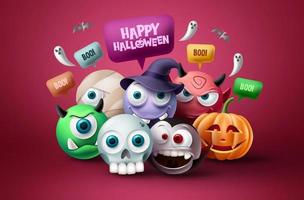 Halloween character vector design. Happy halloween text in speech bubble element with scary, spooky, creepy and cute mascot characters in red background. Vector illustration.