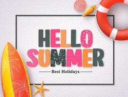 hola verano plantilla de diseño de banner de vector con patrón texto colorido 3d y elementos de playa en un fondo de patrón blanco y borde. ilustración vectorial.