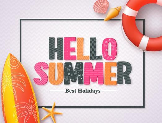 Hello summer vector banner design template with pattern 3D colorful text and beach elements in a white pattern background and boarder. Vector illustration.