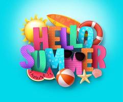 Hola diseño de saludo de banner de vector de verano con tipografía de texto 3d y coloridos elementos de playa en fondo azul para las vacaciones de la temporada de verano. ilustración vectorial.