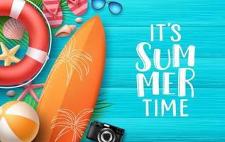 It's summer time vector banner background template. Summer text in empty wood textured background space with colorful beach elements like surfboard and beach ball. Vector illustration.