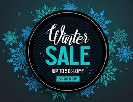 Winter snow vector background with white snowflakes elements falling and empty space for text in blue background. Vector illustration.