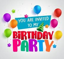 Diseño de vector de fondo de invitación de fiesta de cumpleaños con saludos y globos de colores y elementos de cumpleaños en blanco. ilustración vectorial.