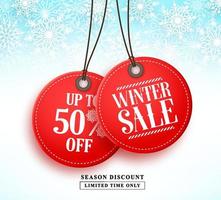 Winter sale vector banner with two red sale tag hanging in white snow background for seasonal marketing promotion. Vector illustration.