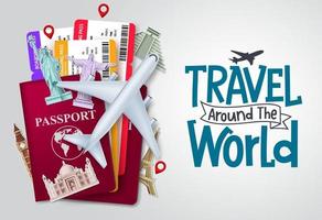 diseño de fondo de vector de mundo de viajes. viaje alrededor del mundo texto con pasaporte de viajero y elementos de boleto para viajes y viajes de vacaciones en todo el mundo. ilustración vectorial