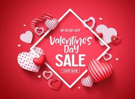 Valentines sale vector banner design. Valentines day store discount promotion template with hearts elements and white frame in red background. Vector illustration.