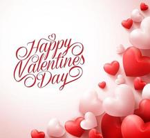 Happy Valentines Day Greetings with 3D Realistic Red Hearts and Typography Text in White Background. Vector Illustration