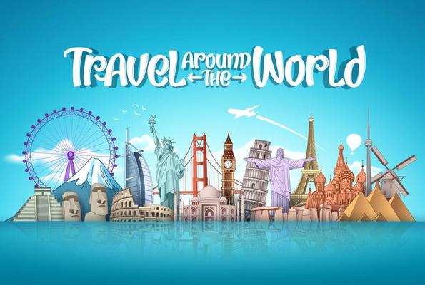 Travel around the world vector landmark design. Famous landmarks around the  world elements with travel vacation text in blue background. Vector  illustration. 4928975 Vector Art at Vecteezy