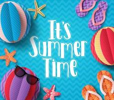 It's summer time vector banner with flat paper cut elements floating in blue beach pattern background for summer holiday. Seasonal background template vector illustration.