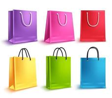 bolsas de compras conjunto de vectores. colorida colección de bolsas de papel vacías para compras en tiendas y elementos de diseño promocional aislados en blanco. ilustración vectorial. vector