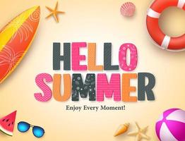 Hello summer vector background design with colorful 3D pattern text and beach elements in yellow textured background for summer season. Vector illustration.