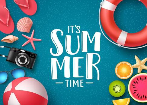 It's summer time vector banner design with text and summer elements like beach ball, seashells and fruits in blue textured background. Vector illustration.