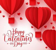 Happy valentines day typography vector design with paper cut red heart shape hot air balloons flying in white background. Vector illustration.