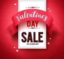 Valentines day sale text vector banner design with ribbon and hearts elements in red background for valentines day holiday discount promotion. Vector illustration.