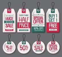 Price tags template vector set. White paper sale tags with huge sale and discount text in different shapes for end of season store promotion. Vector illustration.