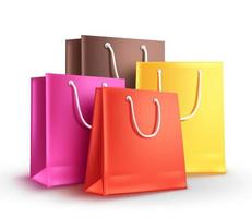 Paper bags group vector illustration. Empty shopping bags with assorted colors isolated in white for fashion and store market design elements.