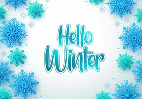 Hola fondo de tarjeta de felicitación de vector de invierno. hola texto de invierno y copos de nieve en un espacio en blanco vacío para el mensaje. ilustración vectorial.