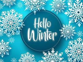 Hello winter vector greeting banner template. Snowflakes with hello winter text and space for message in blue background design. Vector Illustration.