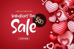 Valentines day sale vector banner design. Valentines day sale discount text with heart shapes elements in red pattern background. Vector illustration.