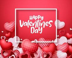 Valentines day vector hearts background. Happy valentines day greeting text in a frame with hearts shape elements and decorations in red background. Vector illustration.