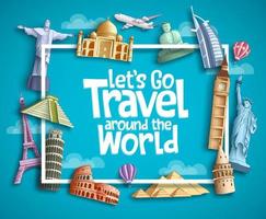 Travel and tourism vector banner design with boarder frame, travel text and famous landmarks and tourist destination elements in blue background. Vector illustration.