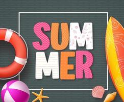 Plantilla de diseño de banner de verano con texto de verano colorido 3d y elementos de playa en fondo estampado de borde negro. ilustración vectorial. vector